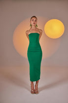 Yırtmaçlı Straplez Midi Bodycon Elbise Yeşil