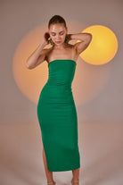 Yırtmaçlı Straplez Midi Bodycon Elbise Yeşil