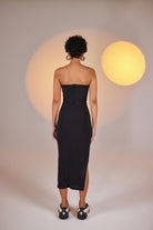 Yırtmaçlı Straplez Midi Bodycorn Elbise Siyah