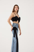 Yüksek Bel Kurdele Detaylı Wide Leg Kyla Jean Pantolon Siyah
