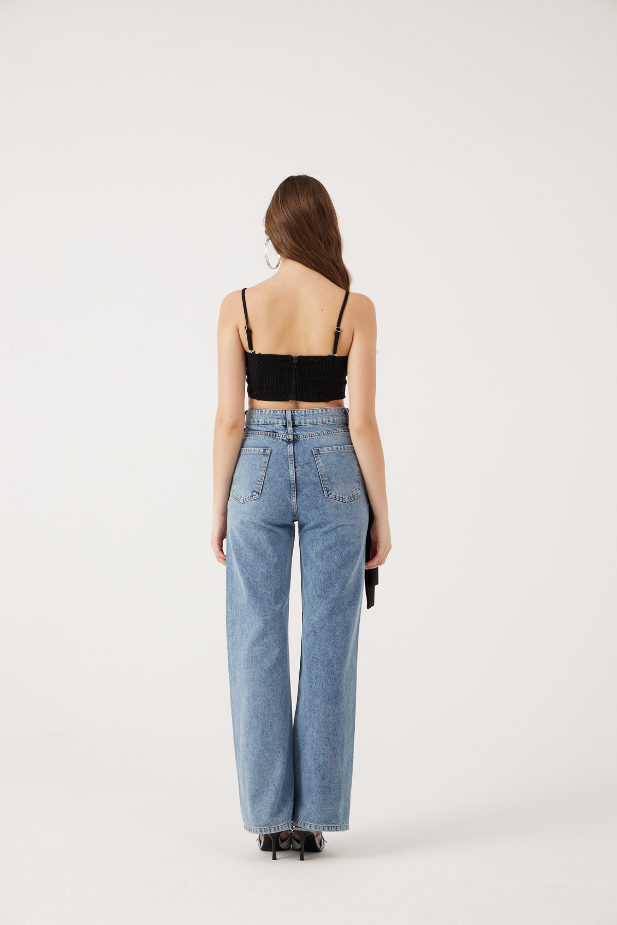 Yüksek Bel Kurdele Detaylı Wide Leg Kyla Jean Pantolon Siyah