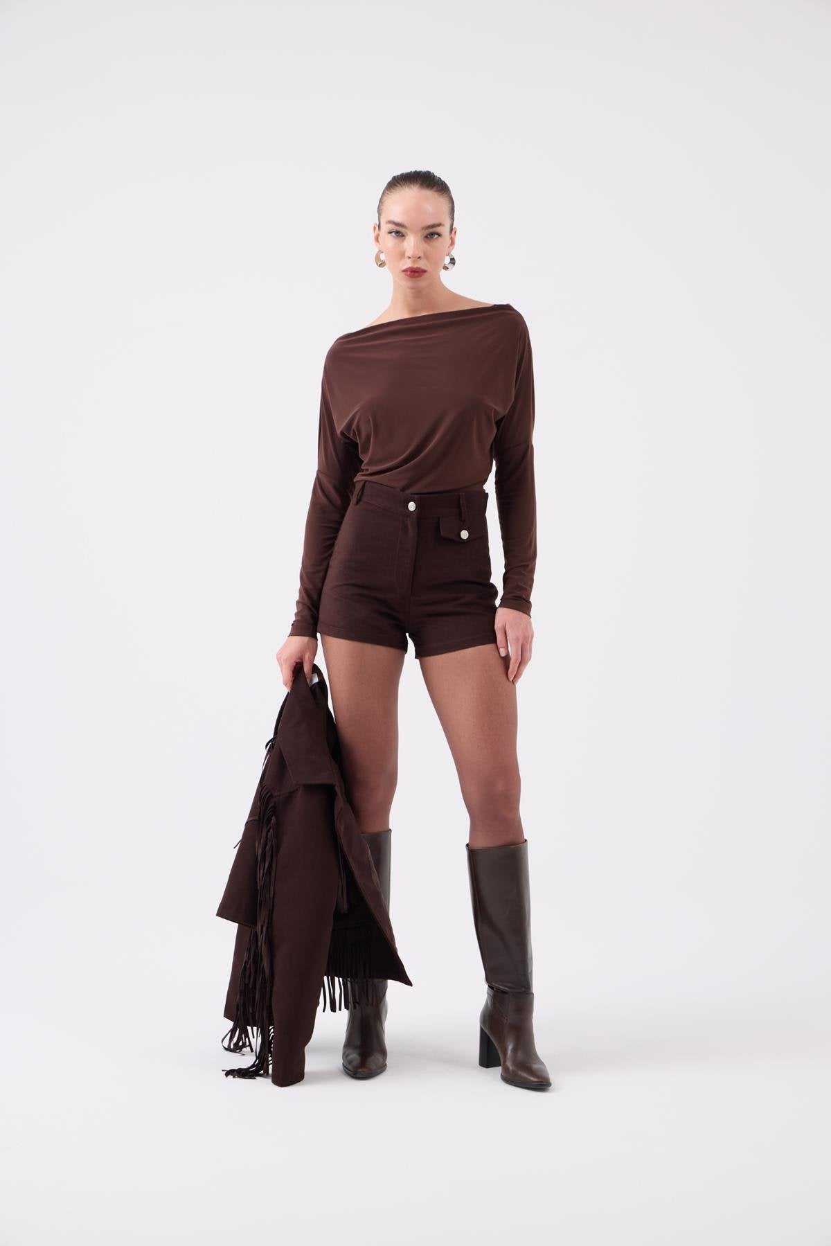 Yüksek Bel Mini Valeri Süet Şort Kahve