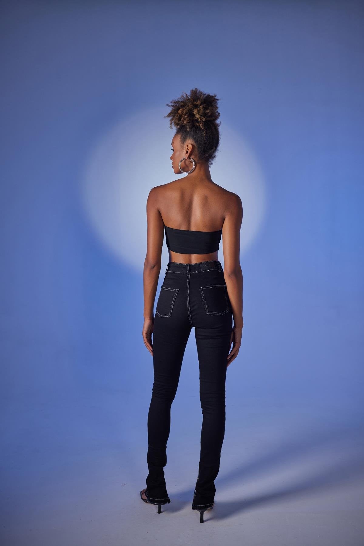 Yüksek Bel Paça Fermuarlı Likralı Split Jean Pantolon Siyah