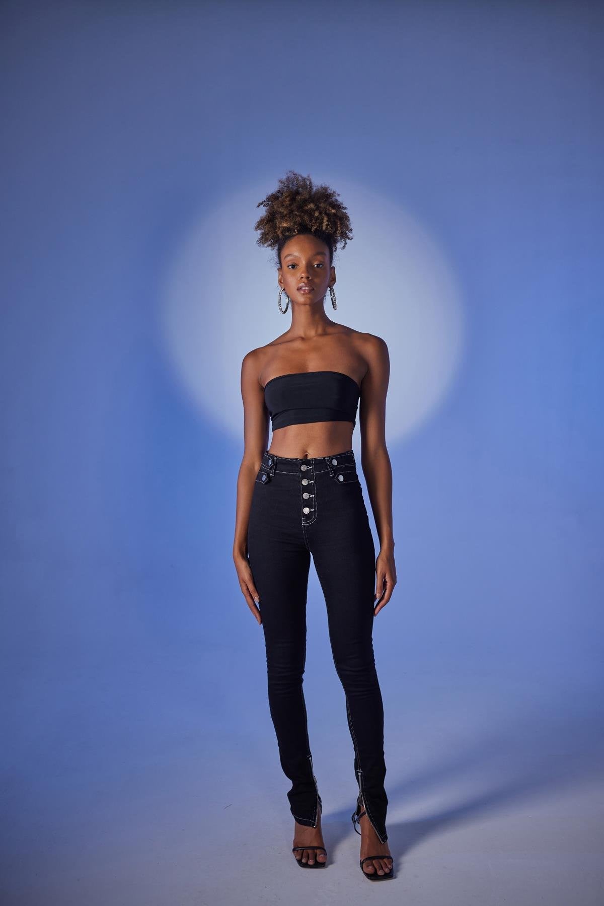 Yüksek Bel Paça Fermuarlı Likralı Split Jean Pantolon Siyah