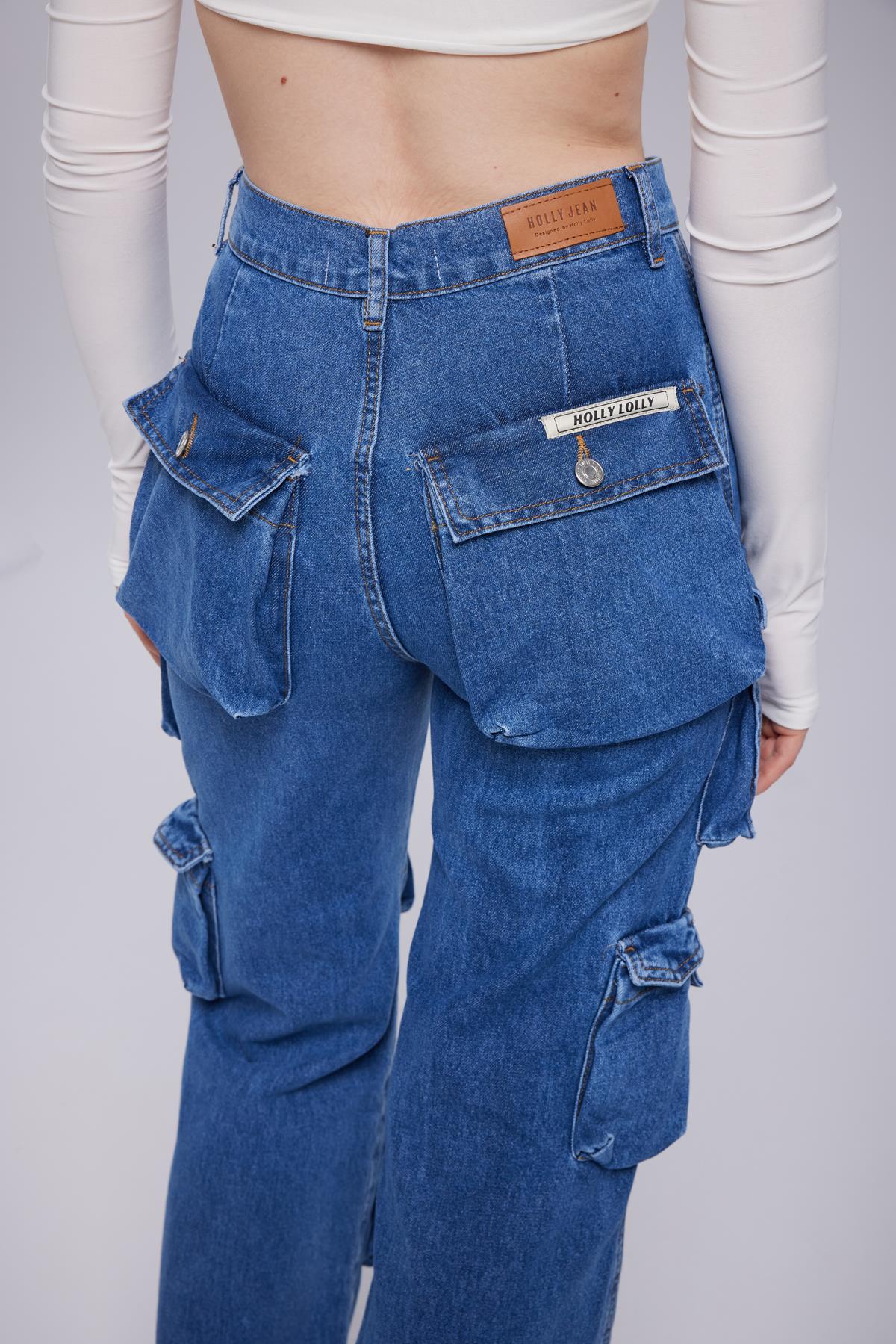 Yüksek Bel Wide Leg  Cargo Jean Pantolon Mavi