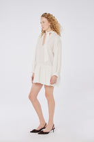 House of IKA-Bağlamalı Yaka Keten Mini Elbise-Elbise-2-Milagron.com