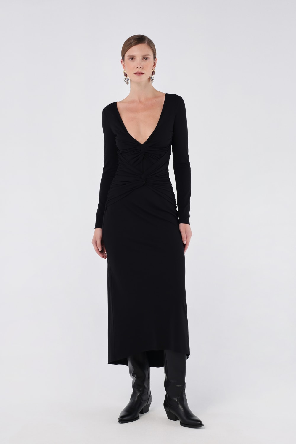 House of IKA-Düğümlü Uzun Kollu Midi Elbise-Elbise-1-Milagron.com