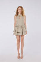 House of IKA-Kesik Detaylı Volanlı Keten Mini Elbise-Elbise-1-Milagron.com