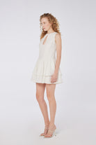 House of IKA-Kesik Detaylı Volanlı Keten Mini Elbise-Elbise-2-Milagron.com