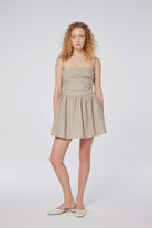 House of IKA-Pileli Drapeli Keten Mini Elbise-Elbise-1-Milagron.com