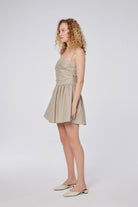 House of IKA-Pileli Drapeli Keten Mini Elbise-Elbise-2-Milagron.com