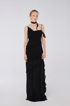 House of IKA-Yırtmaç Detaylı Fırfırlı Viskon Maxi Elbise-Elbise-1-Milagron.com