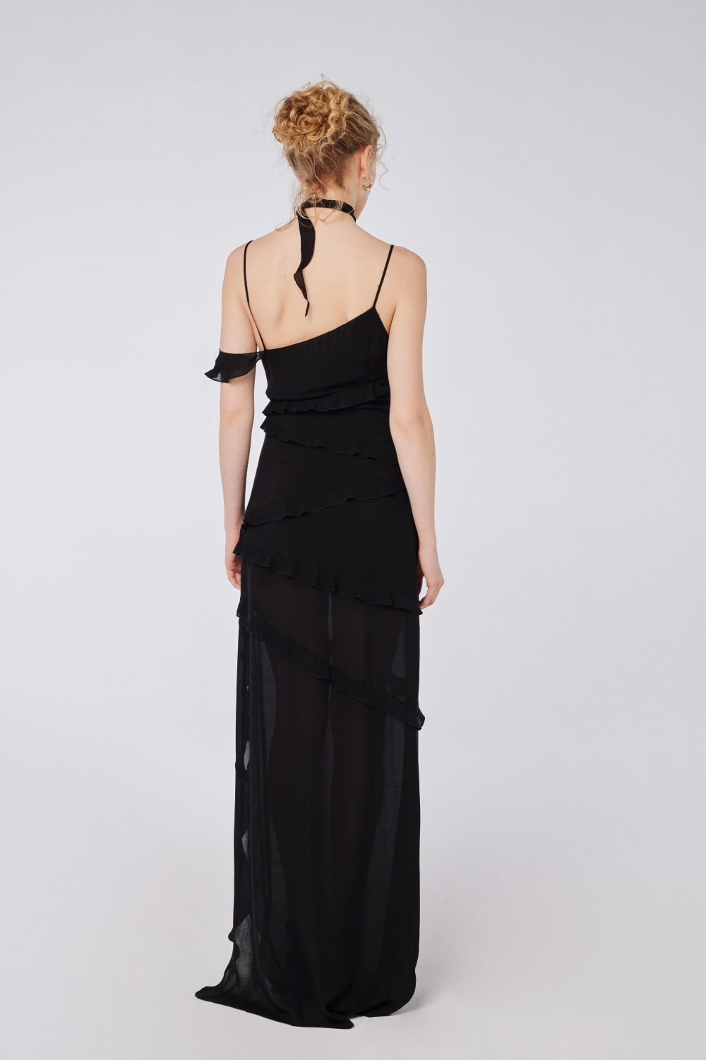 House of IKA-Yırtmaç Detaylı Fırfırlı Viskon Maxi Elbise-Elbise-3-Milagron.com