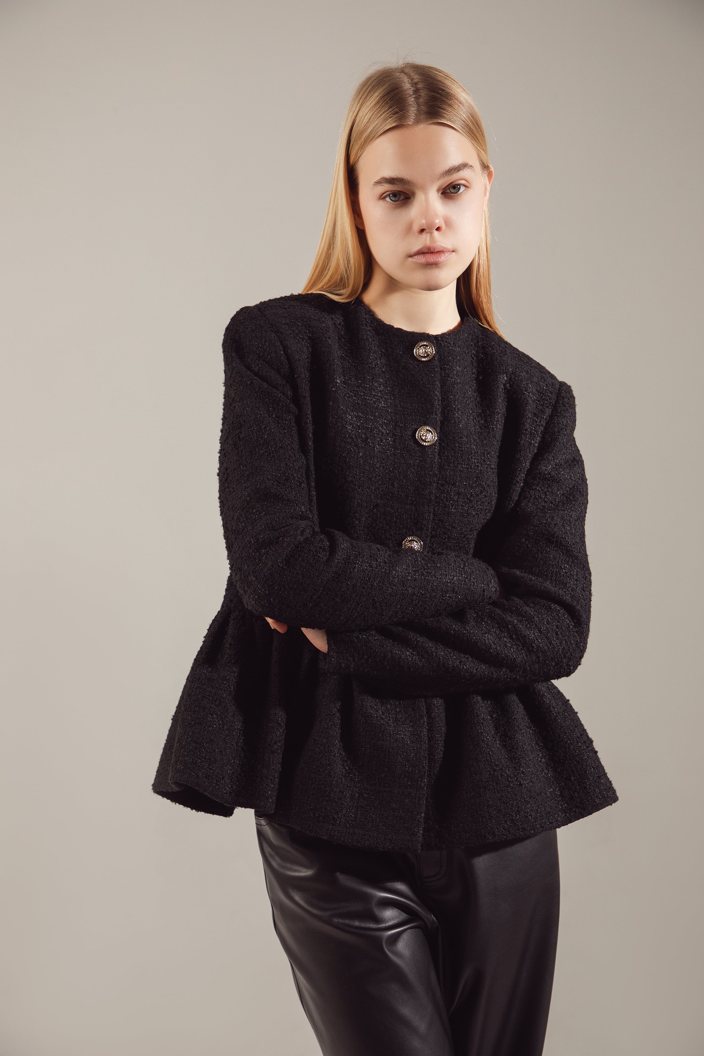 Black Tweed Balloon-Hem Jacket