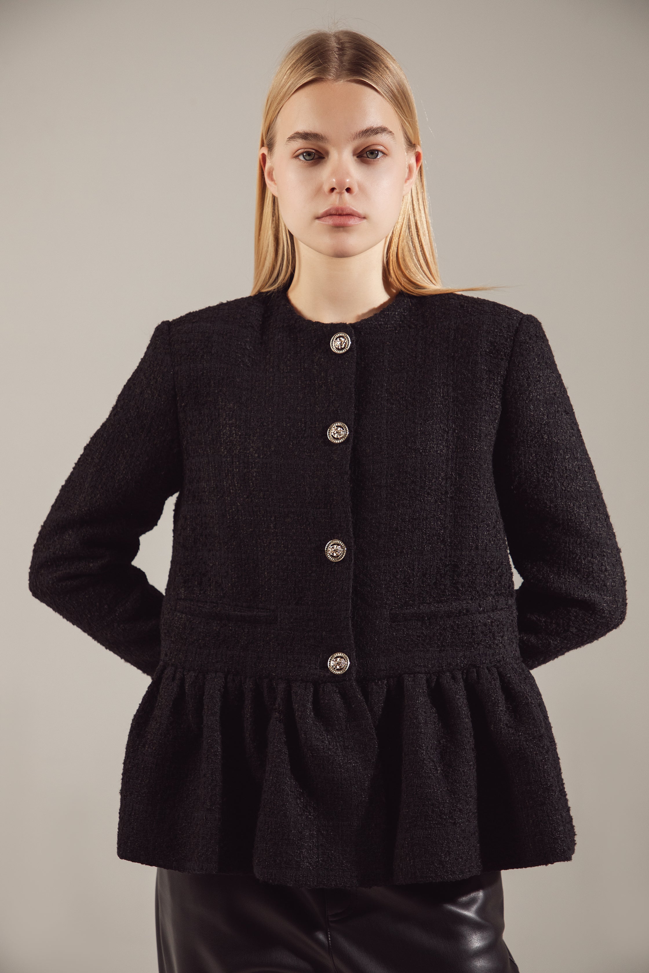 Black Tweed Balloon-Hem Jacket