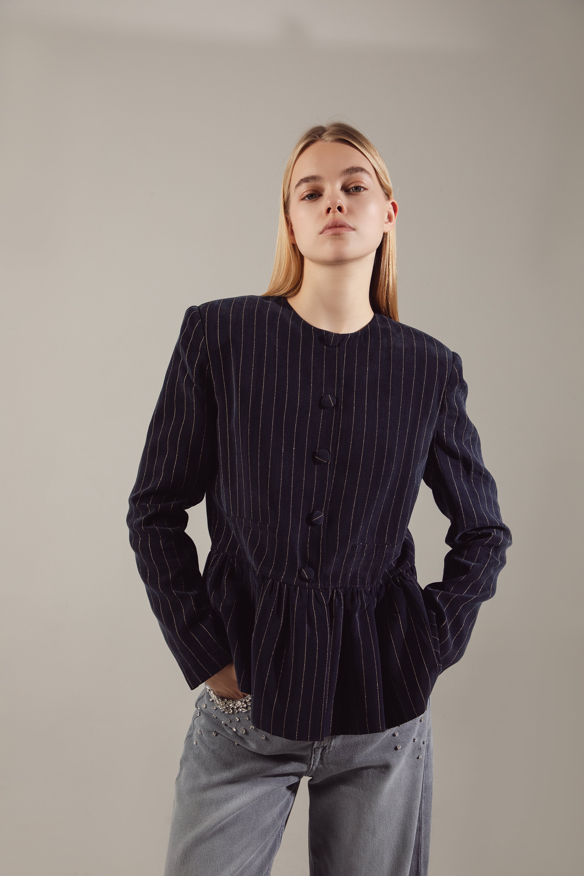 Dark Navy Gold-Stripe Ipek Kupra Jacket
