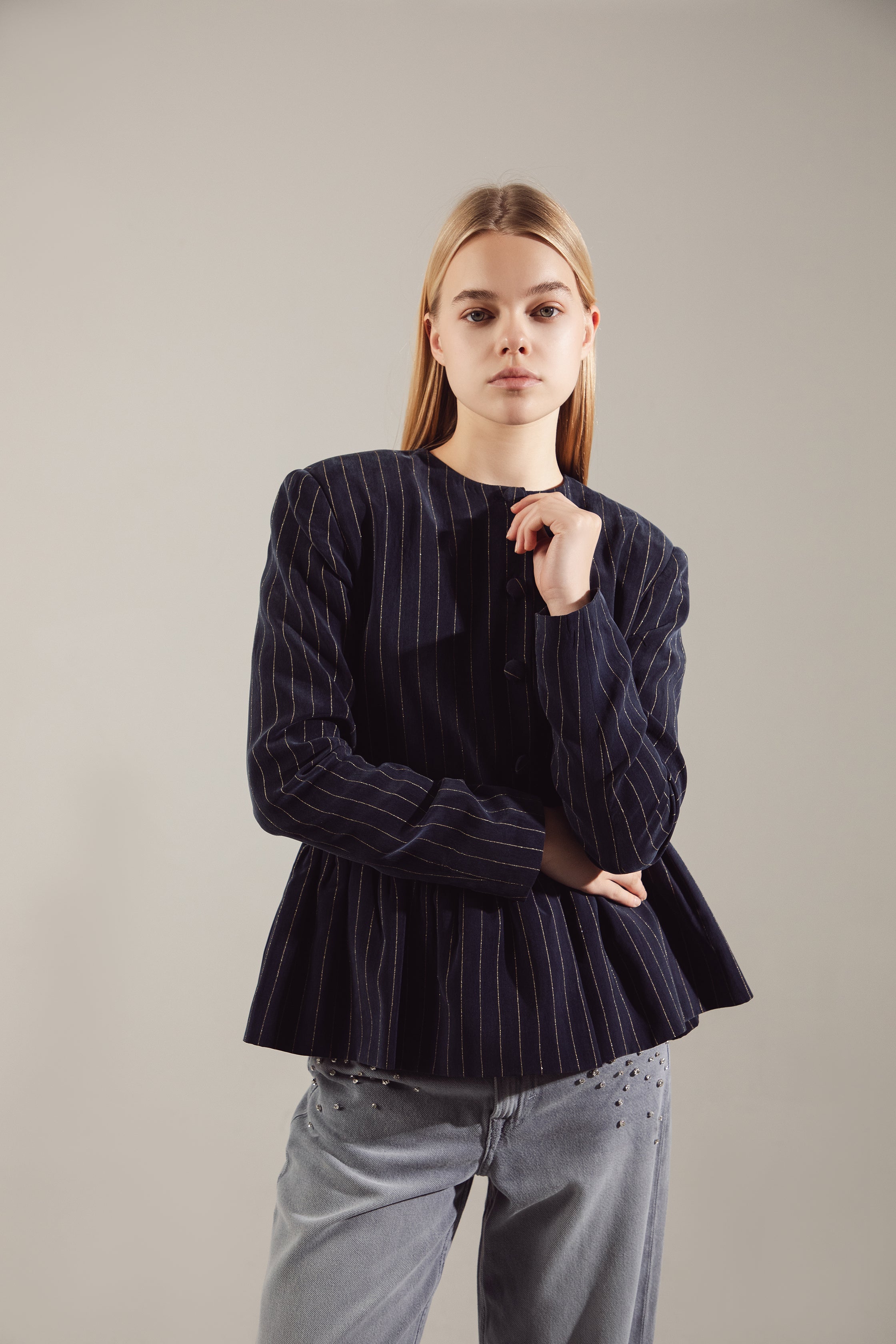 Dark Navy Gold-Stripe Ipek Kupra Jacket