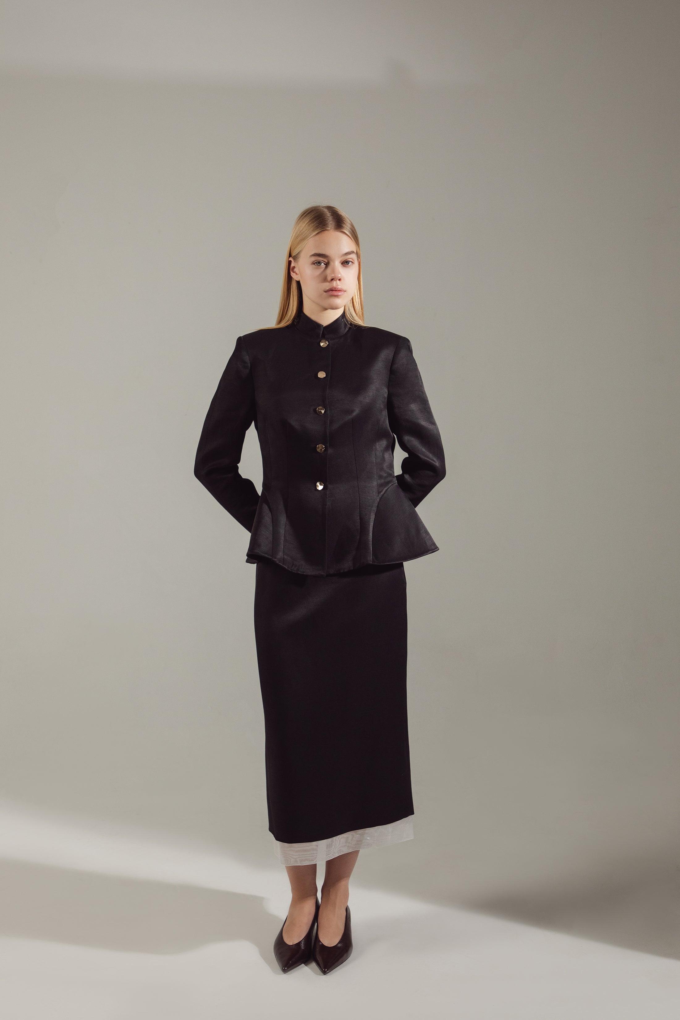 Deep Black Peplum Suit - Jacket & Skirt