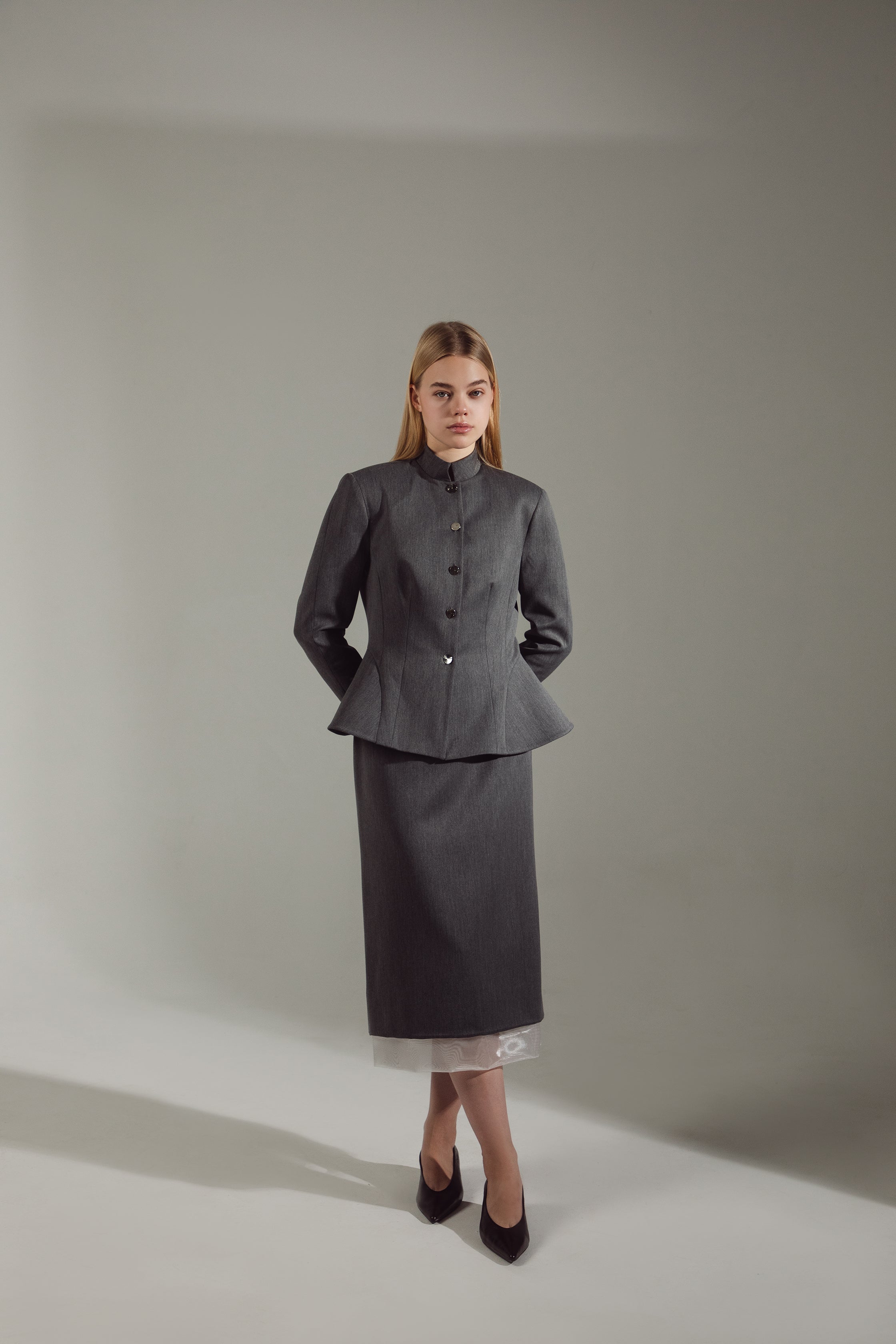 Deep Gray Peplum Suit - Jacket & Skirt