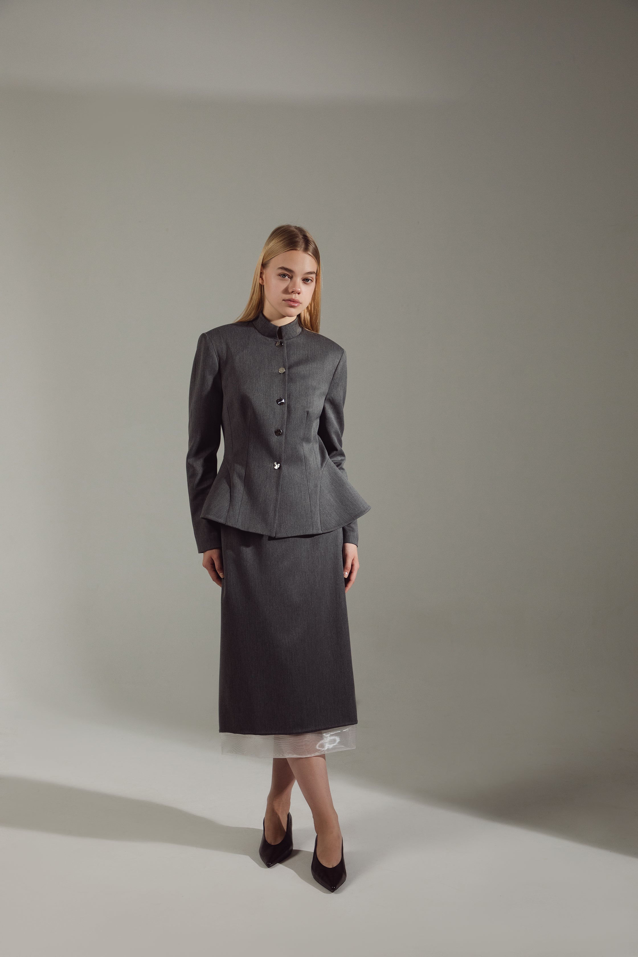 Deep Gray Peplum Suit - Jacket & Skirt