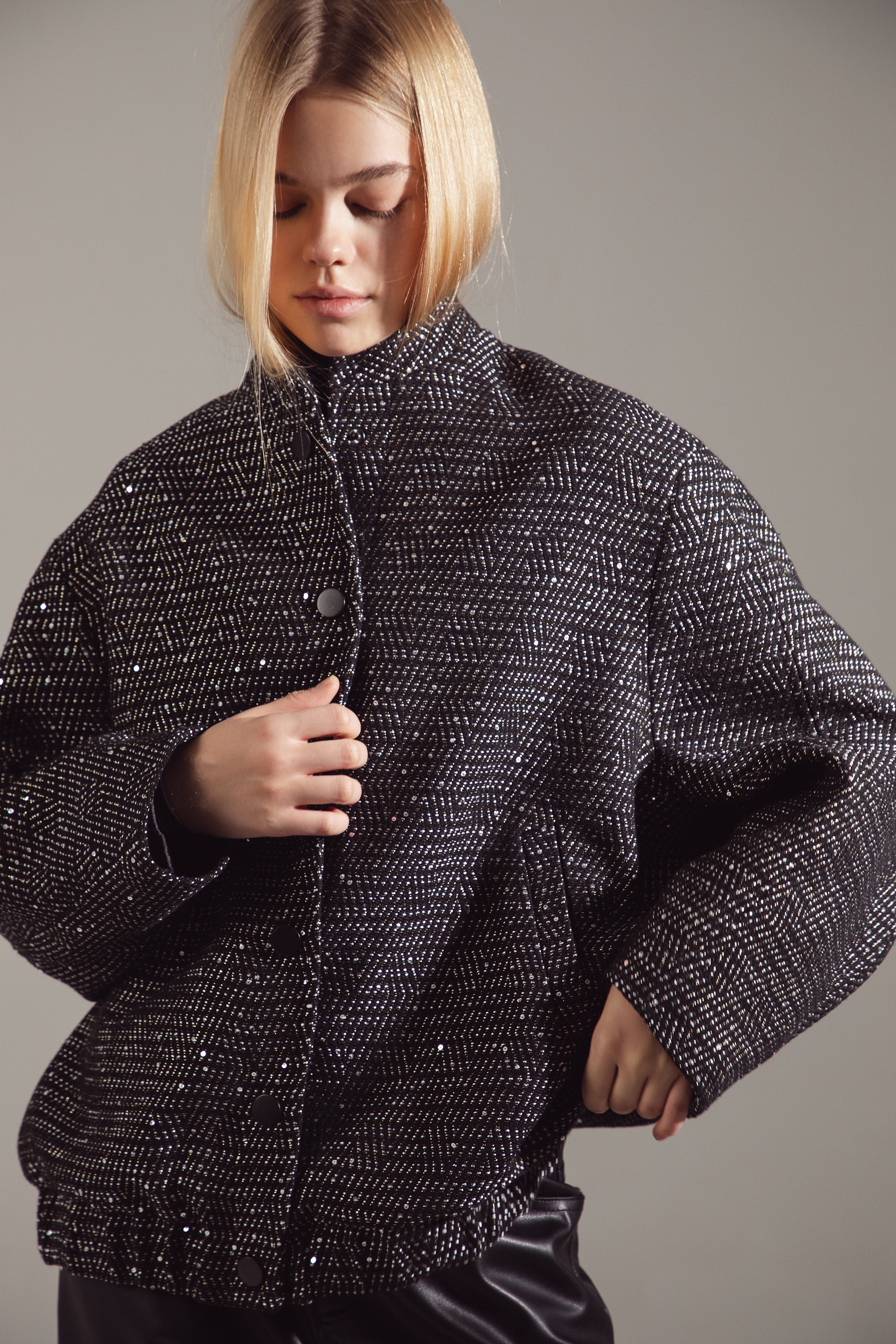 Deep Gray Sequin-Embellished Oversize Bomber