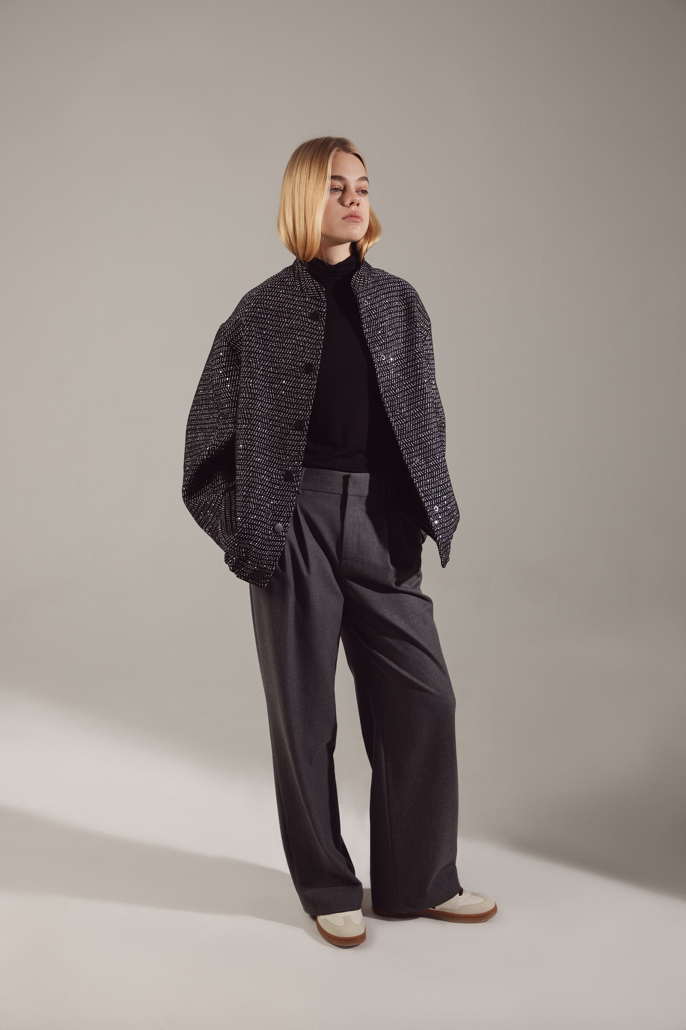 Deep Gray Sequin-Embellished Oversize Bomber