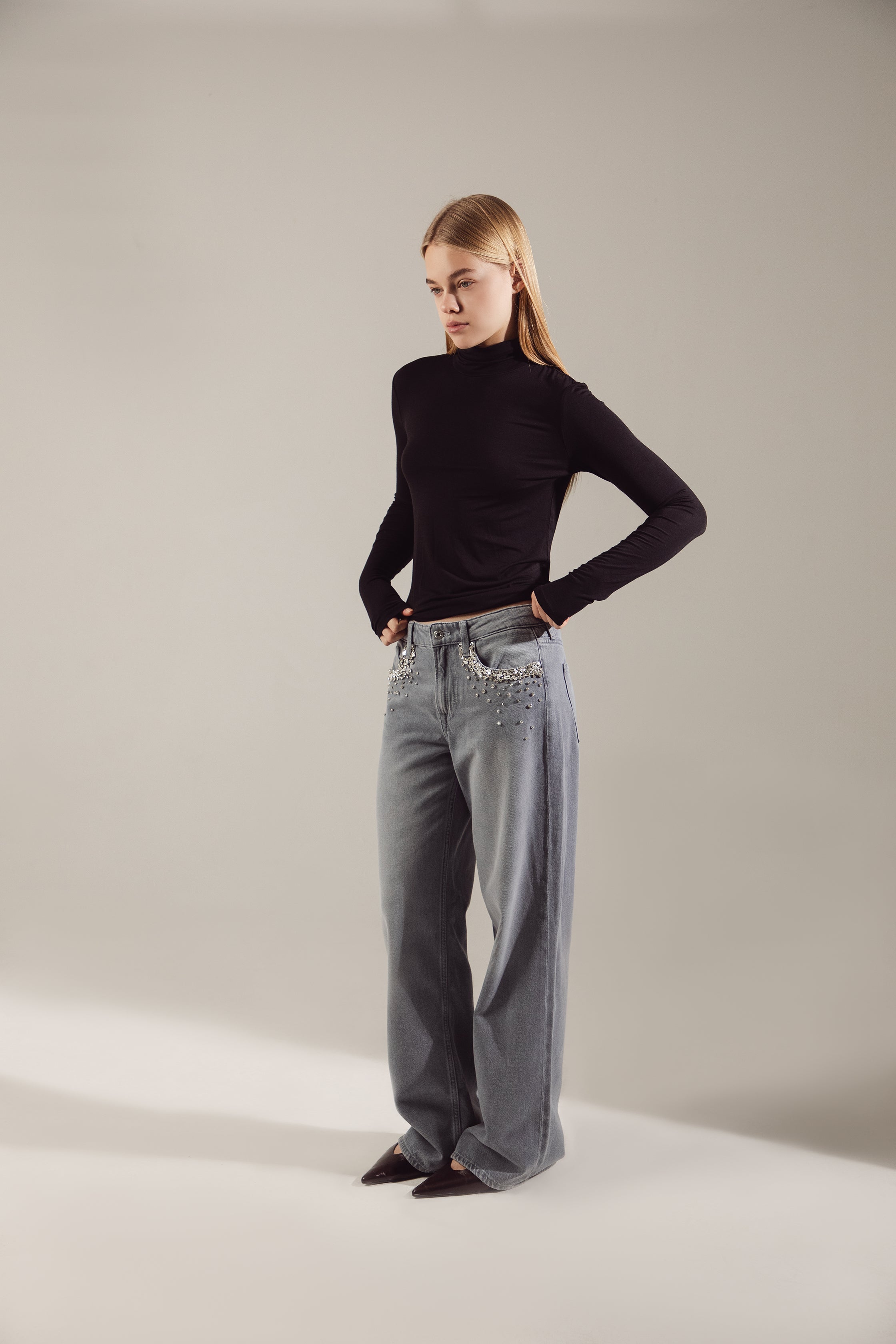 Swarovski-Embroidered Soft Stretch Oversize Jeans