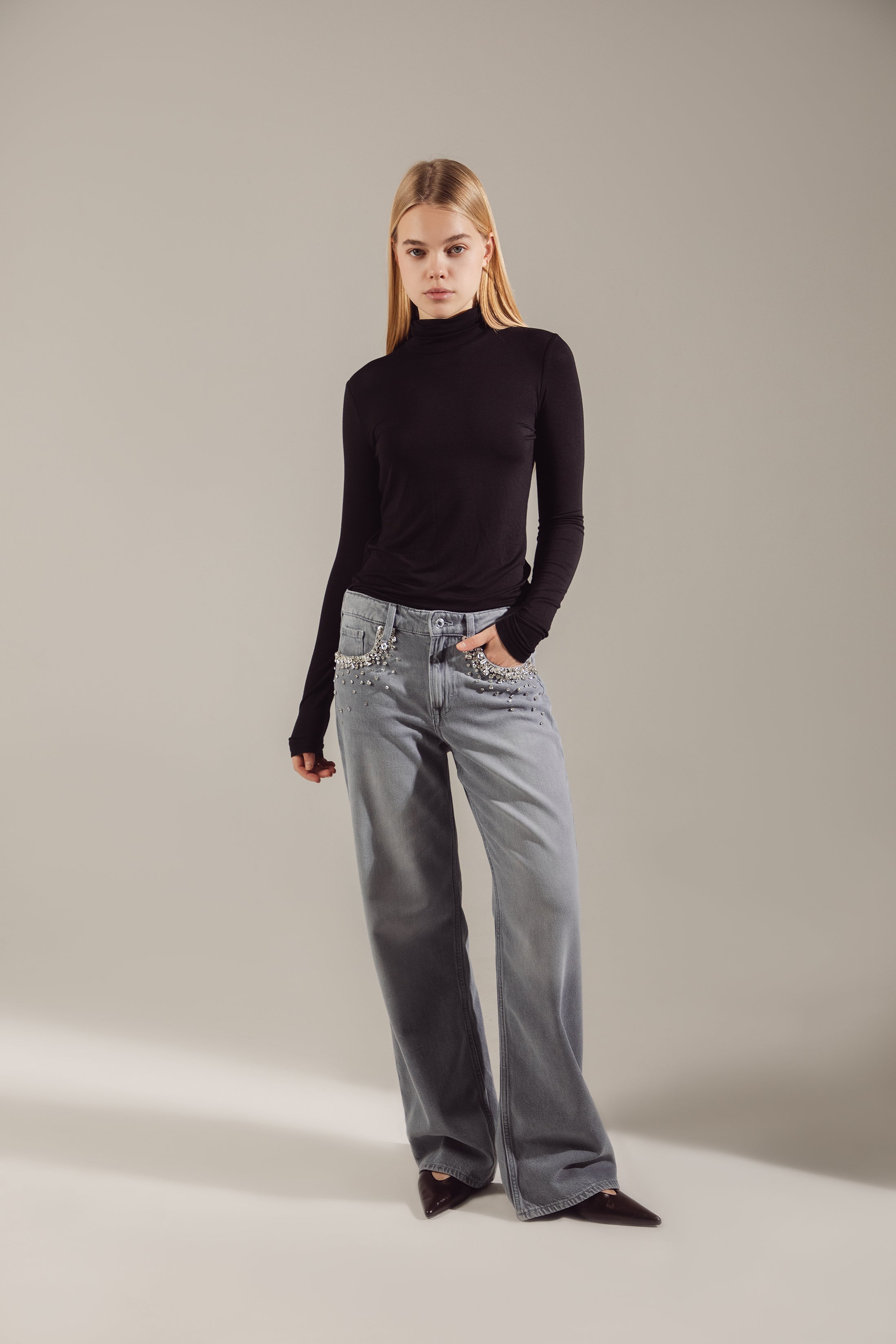 Swarovski-Embroidered Soft Stretch Oversize Jeans