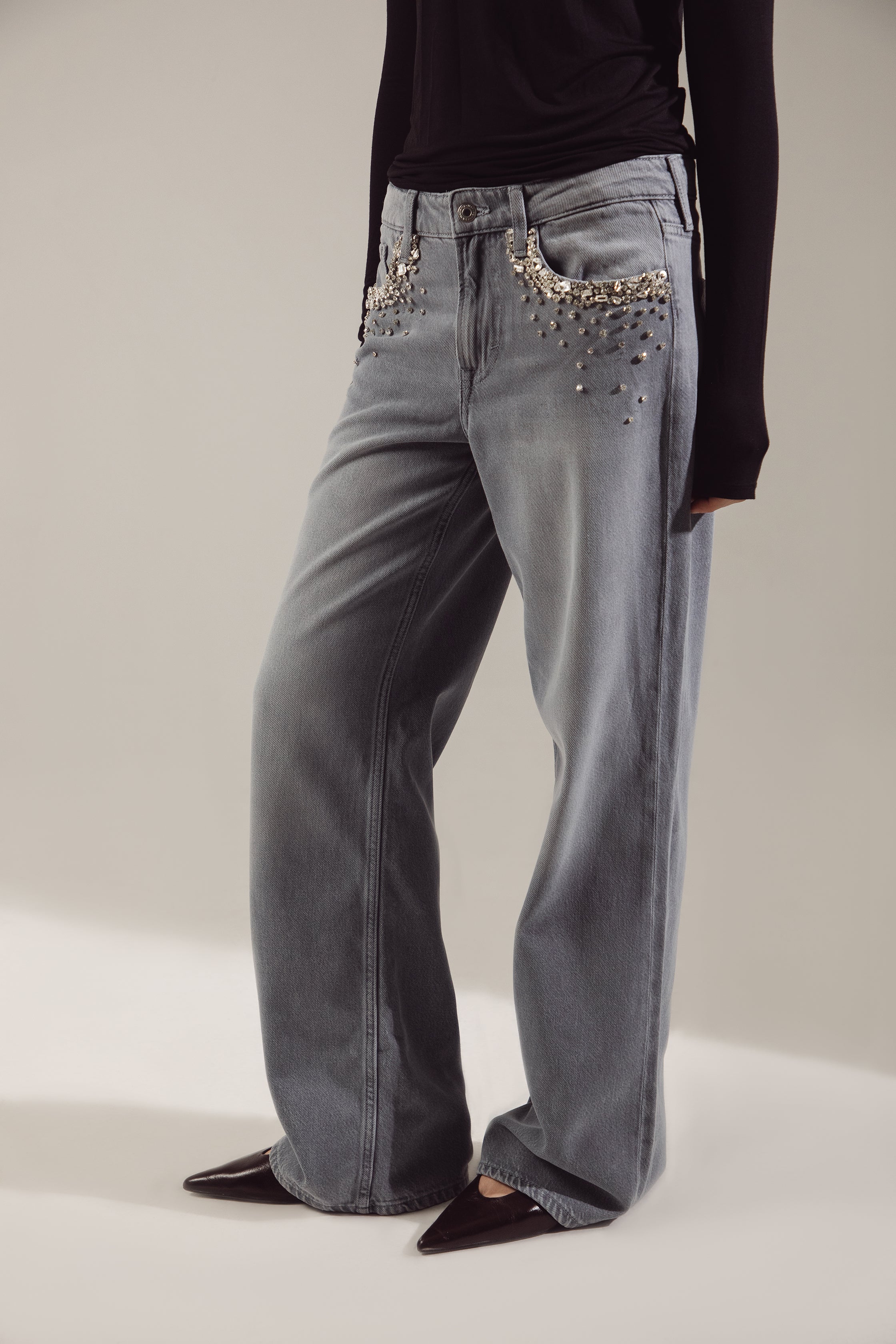 Swarovski-Embroidered Soft Stretch Oversize Jeans