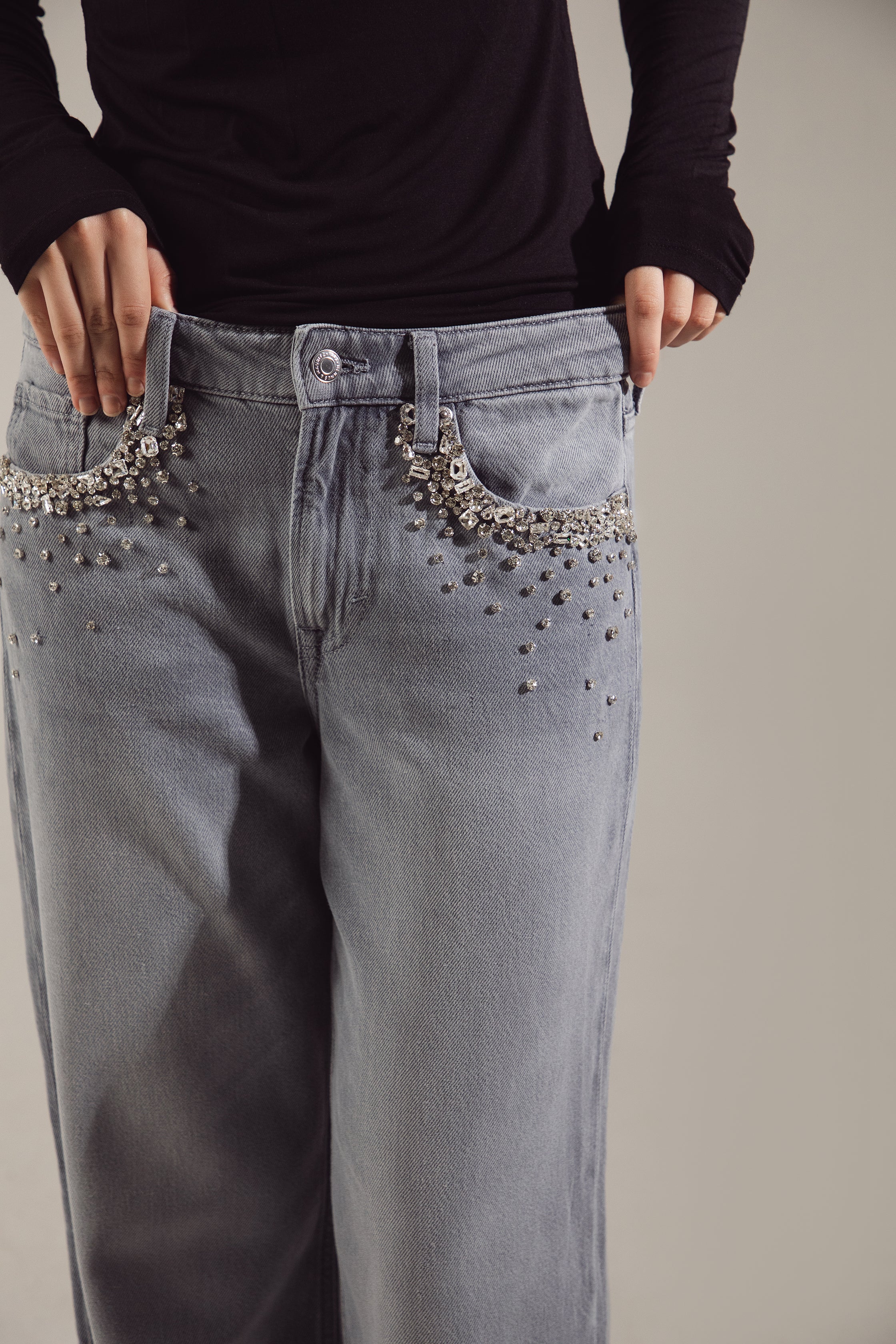 Swarovski-Embroidered Soft Stretch Oversize Jeans