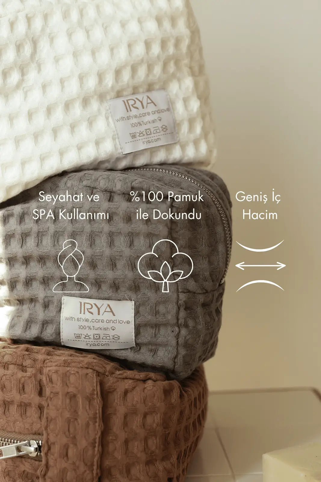 İRYA-Aura Waffle Havlu Bakım Çantası Ekru-Makyaj Çantası-5-Milagron.com
