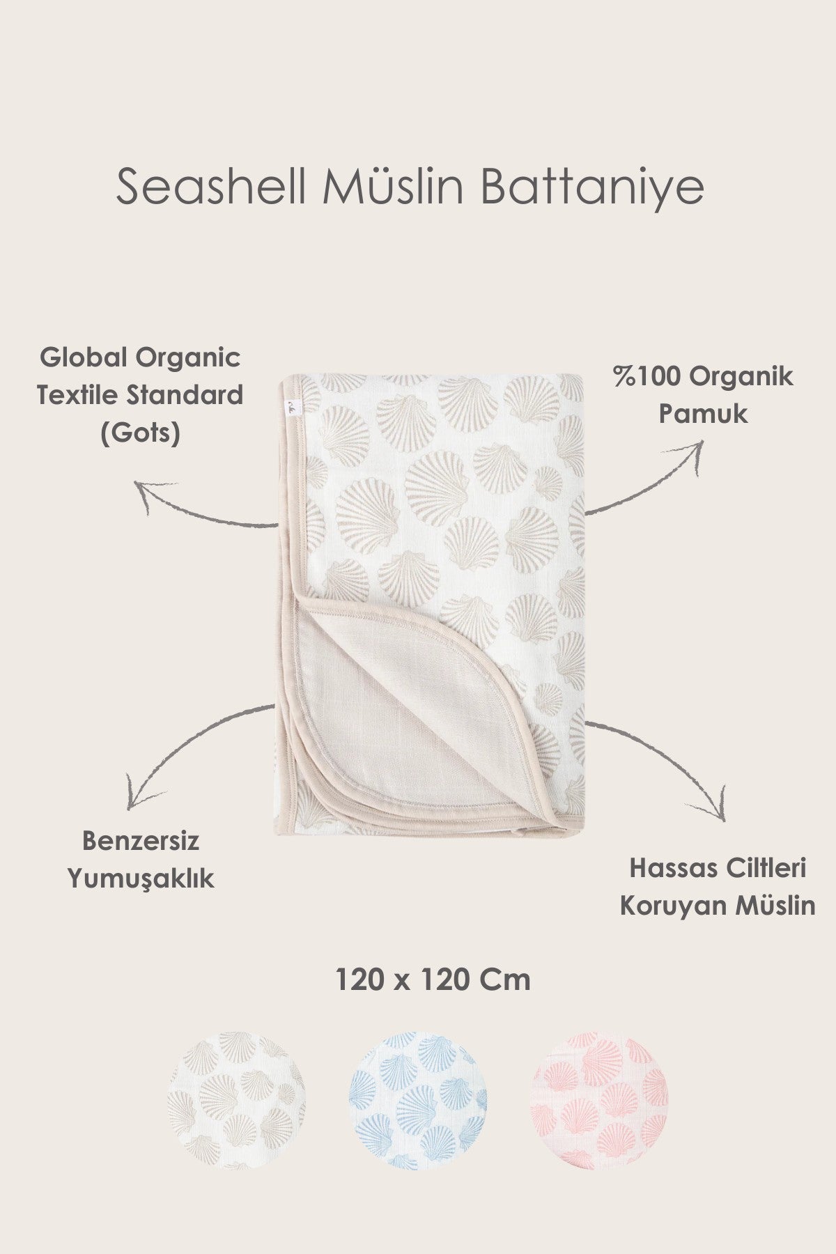 Irya-Bebe Marin Seashell Müslin Battaniye 120x120 Pembe-Bebek Battaniyesi-2-Milagron.com