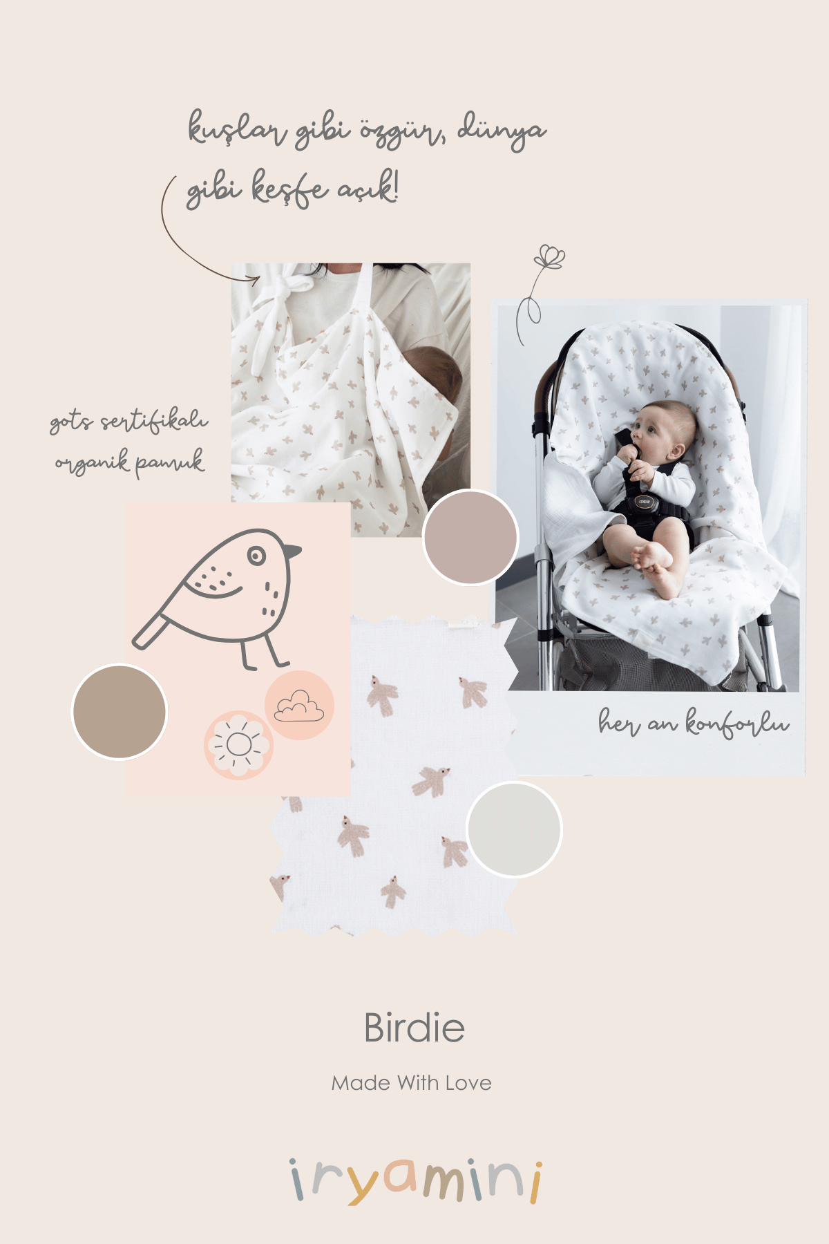 Irya-Birdie Organik Pamuk Müslin 2 Katlı Puset örtüsü Beyaz 85x85-Bebek Battaniyesi-3-Milagron.com