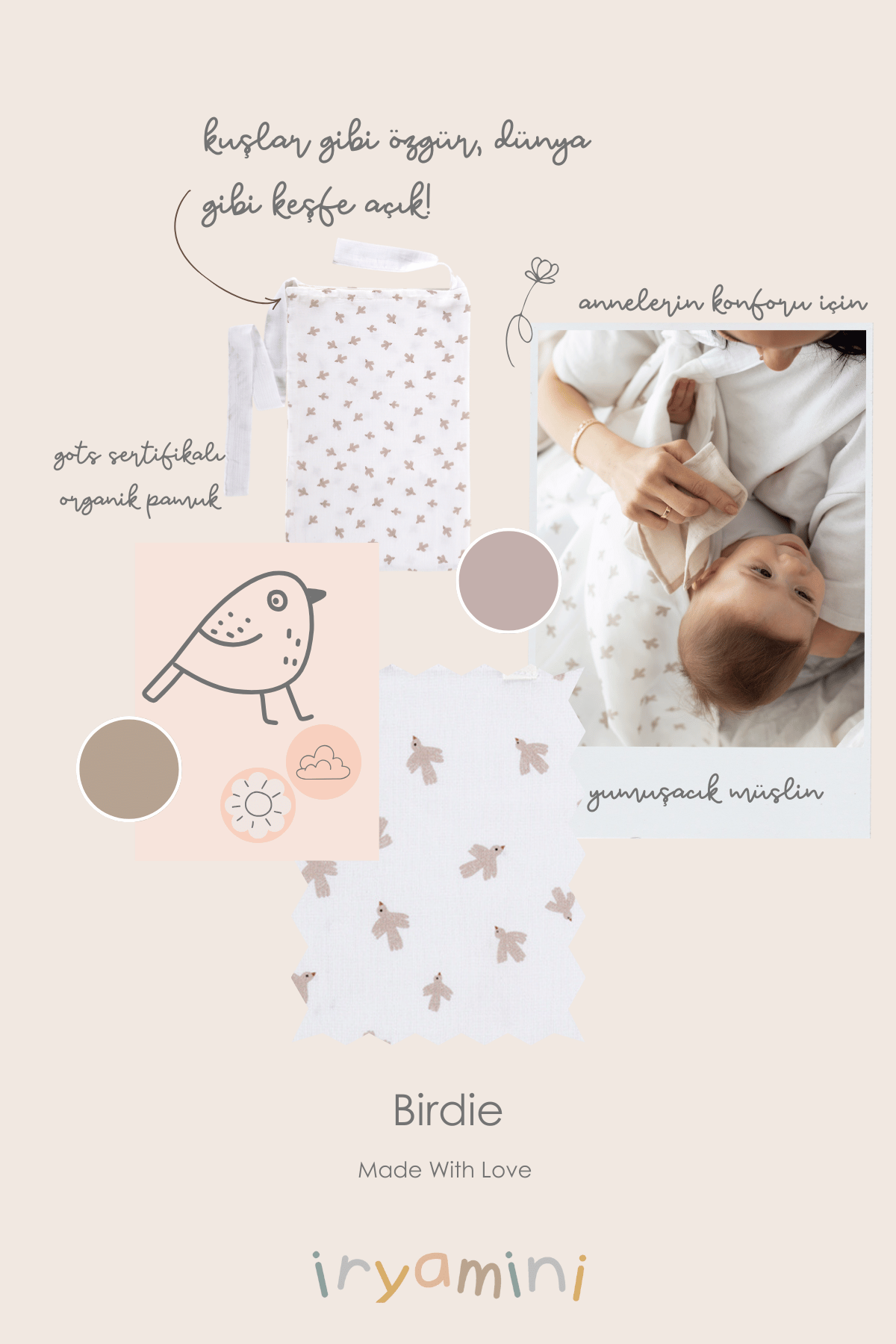 İRYA-Birdie Organik Pamuk Müslin 4 Katlı Emzirme Örtüsü Beyaz-Müslin Örtü-4-Milagron.com