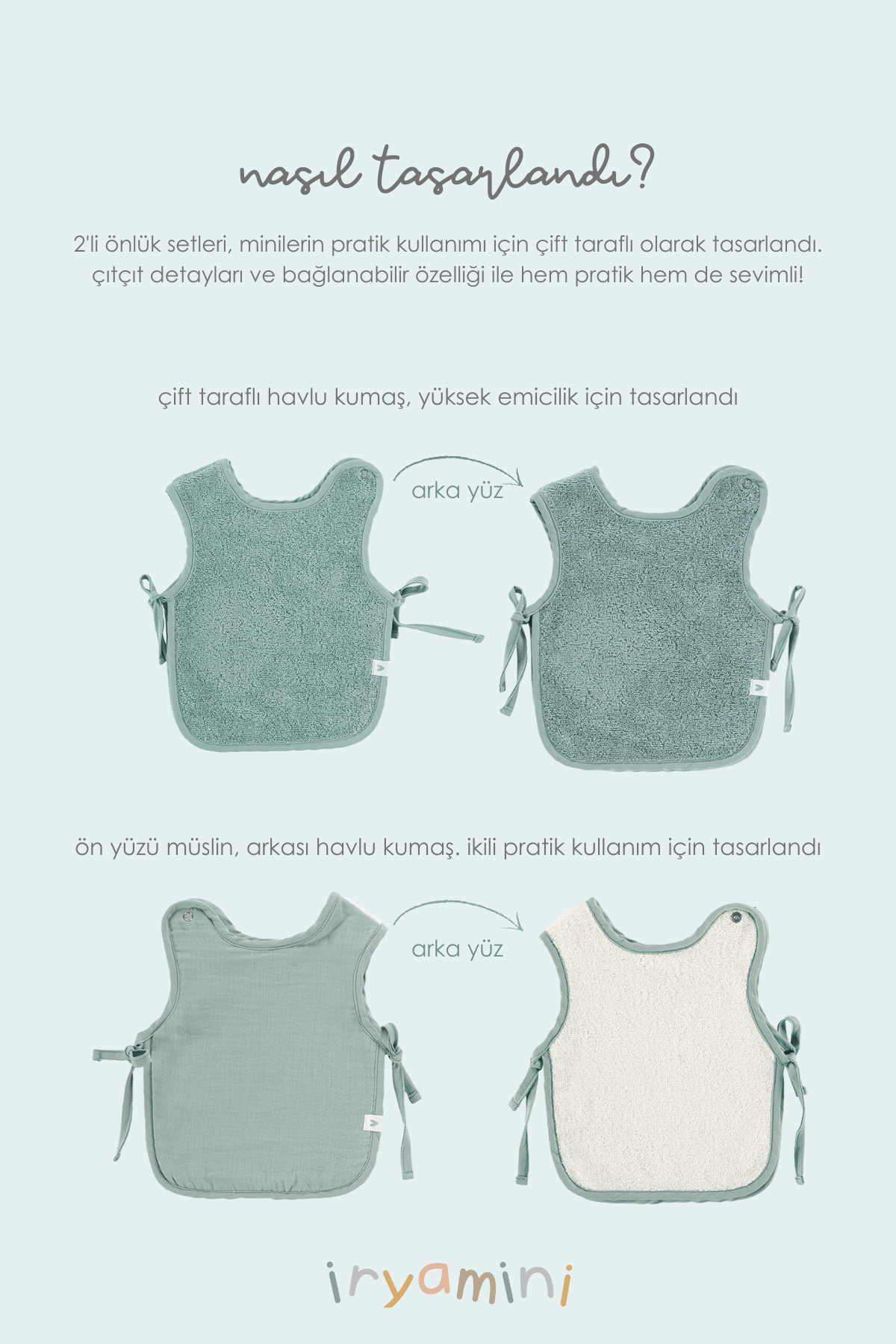 İRYA-Colors Of Joy 2'Li Organik Pamuk Müslin Bebek Önlük Seti Mint-Önlük-4-Milagron.com