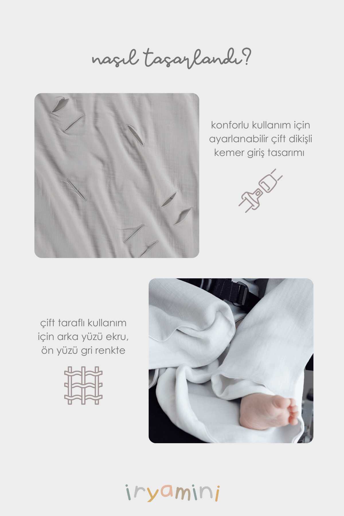 Irya-Colors Of Joy Organik Pamuk Müslin 2 Katlı Puset örtüsü Gri 85x85-Bebek Battaniyesi-4-Milagron.com