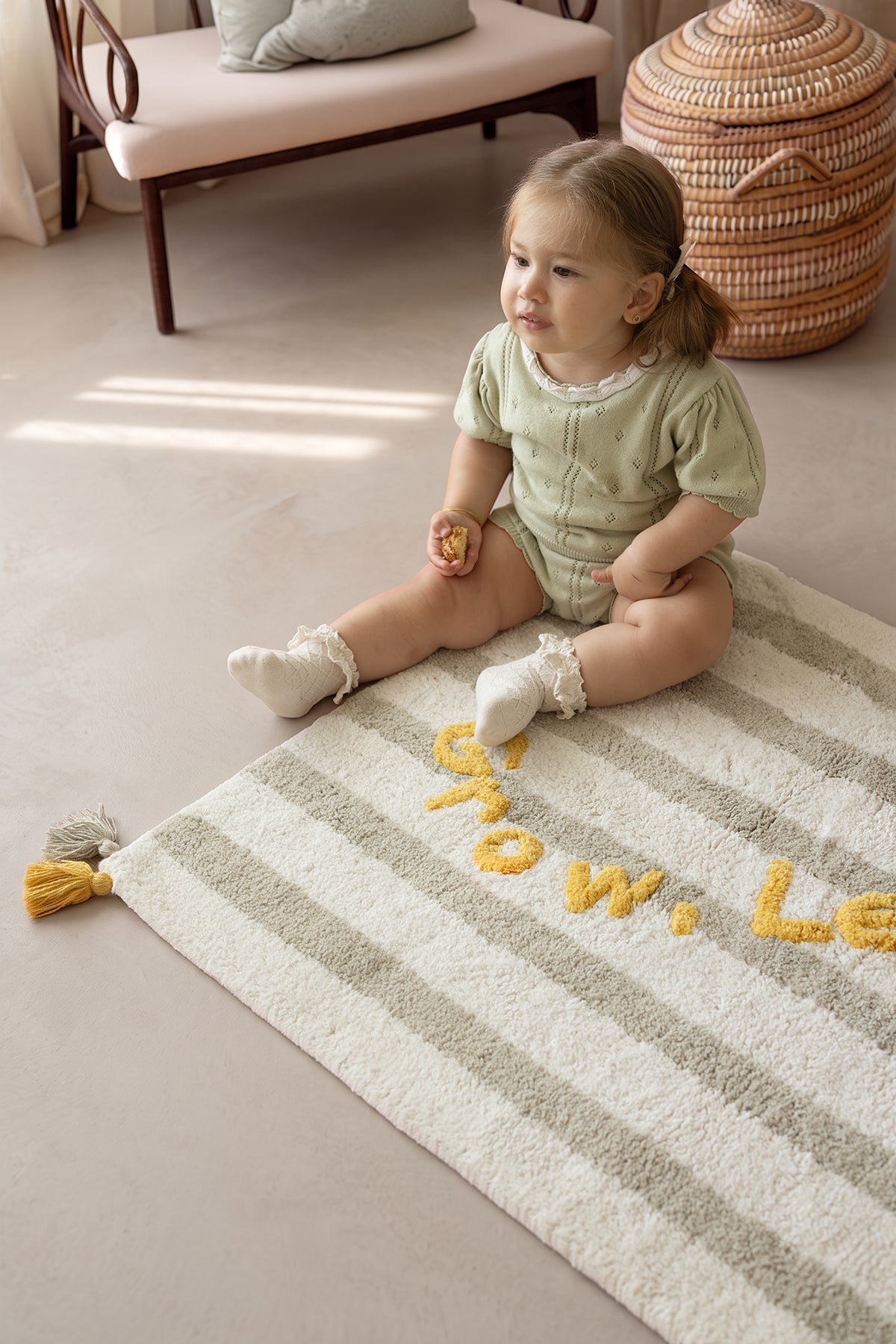 Grow, Learn, Play Tekli %100 Pamuk Çocuk Odası Halısı 70X120 Cm Hardal/Peppermint Yeşil