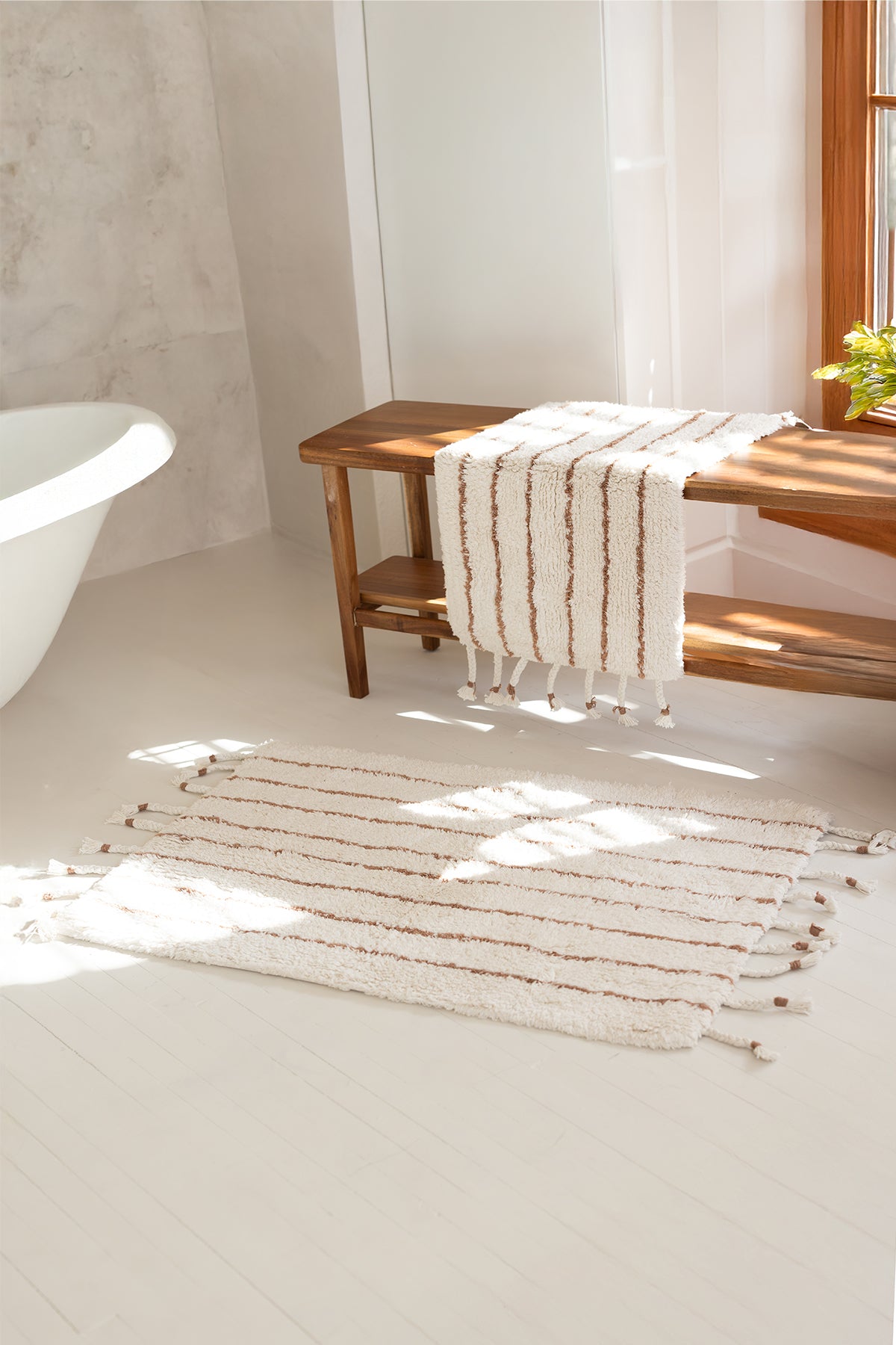 Irya-In Lines 2’li Takım Banyo Paspası %100 Pamuk 40x60 + 60x90 Bej çizgili-Banyo Paspası-1-Milagron.com