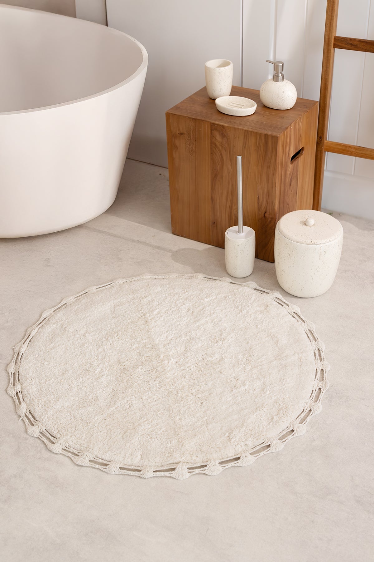 İRYA-Luna Yuvarlak Banyo Paspası %100 Pamuk 90X90 Ekru-Paspas-1-Milagron.com