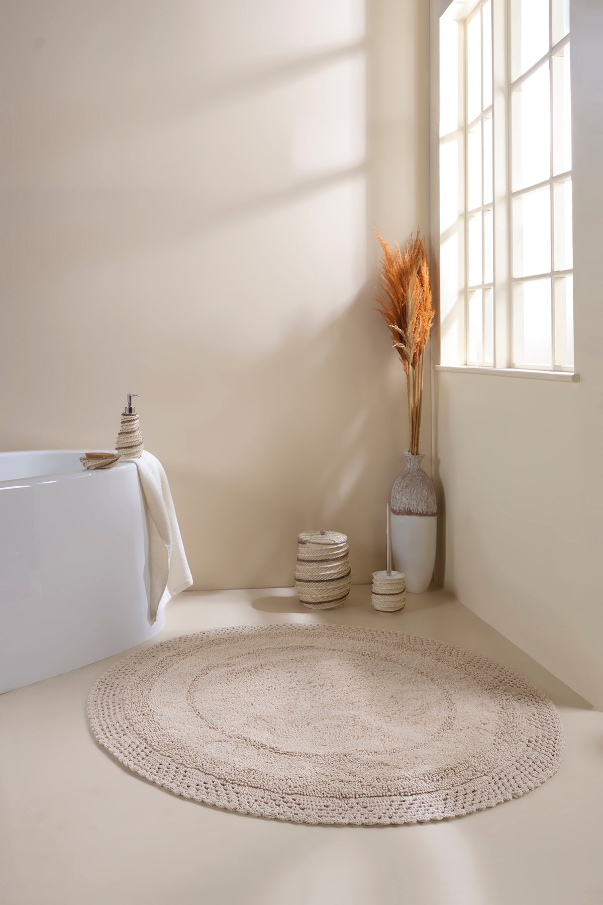 İRYA-Moon Yuvarlak Banyo Paspası %100 Pamuk 120X120 Bej-Paspas-1-Milagron.com