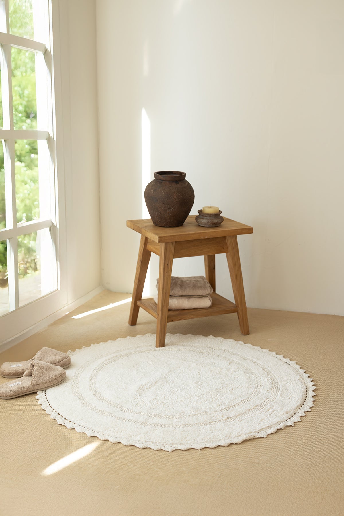 İRYA-Olea Yuvarlak Banyo Paspası %100 Pamuk 100X100 Cm Ekru-Banyo Paspası-1-Milagron.com