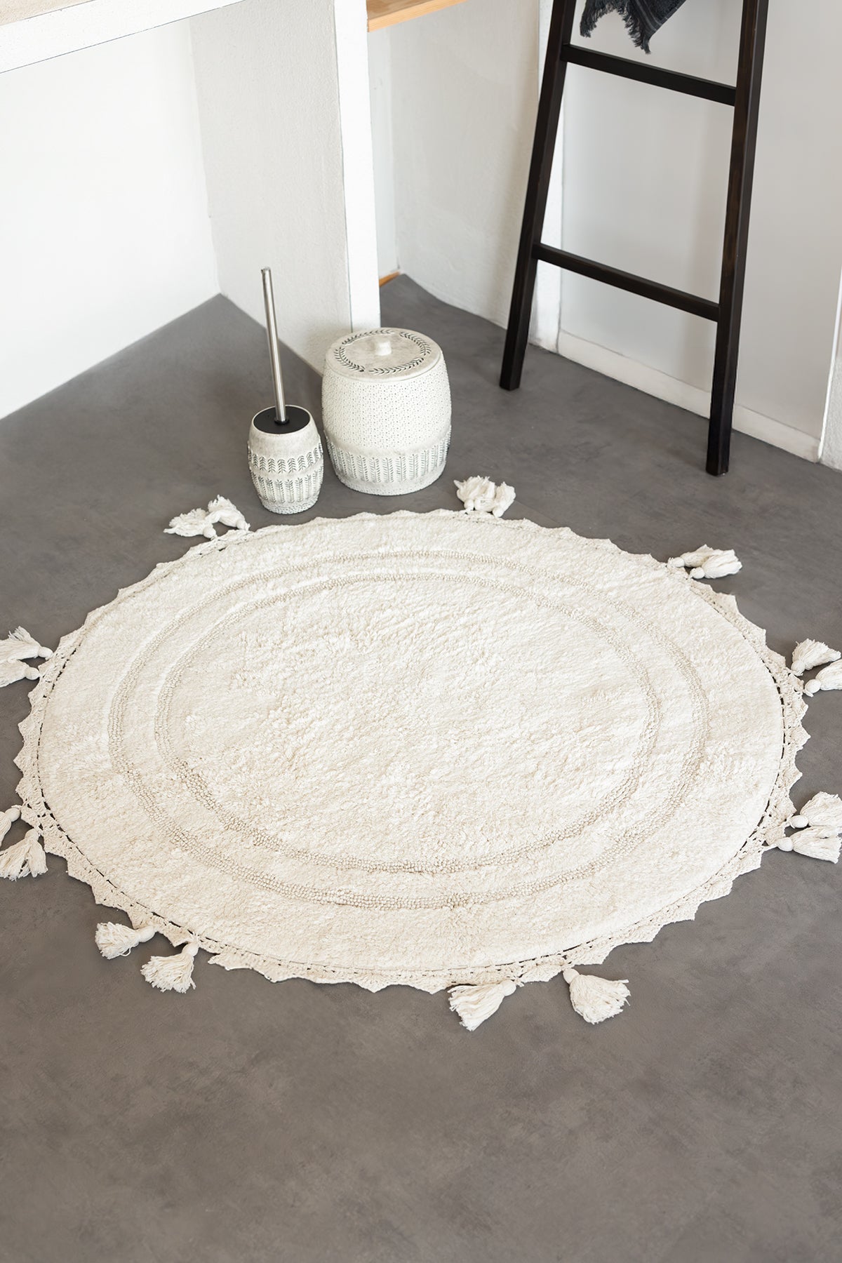 İRYA-Olivid Yuvarlak Banyo Paspası %100 Pamuk 100X100 Ekru-Paspas-1-Milagron.com