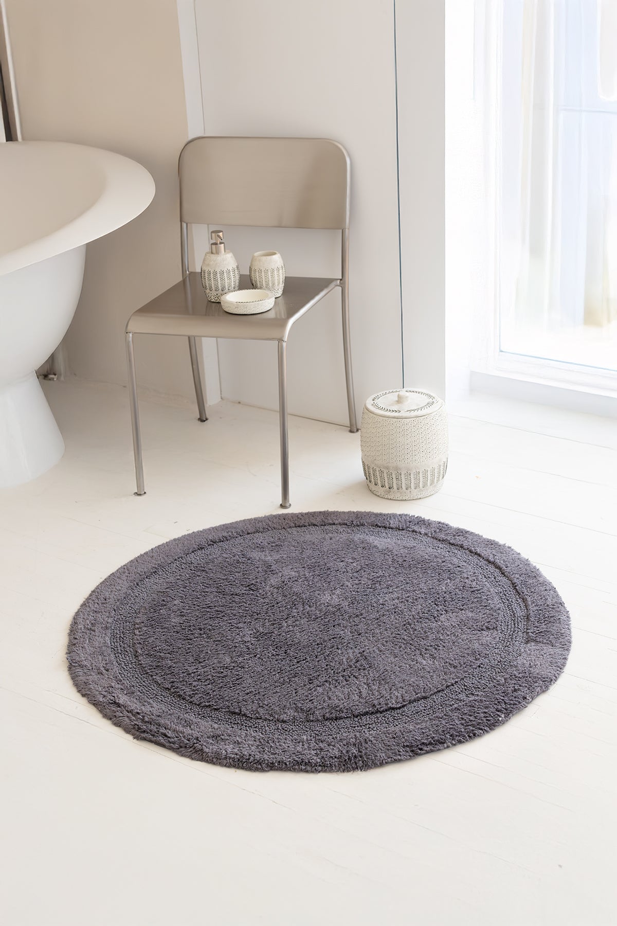 İRYA-Puffed Yuvarlak Banyo Paspası %100 Pamuk 100X100 Antrasit-Paspas-1-Milagron.com
