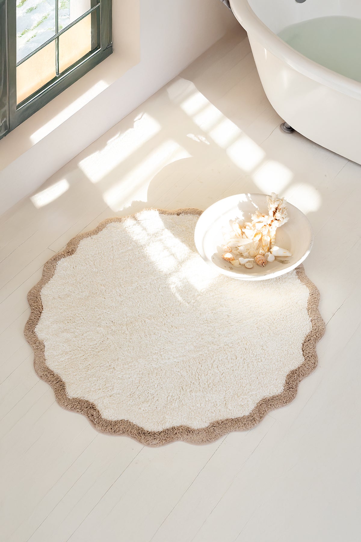 İRYA-Scallop Yuvarlak Banyo Paspası Bambu 90X90 Bej-Paspas-6-Milagron.com