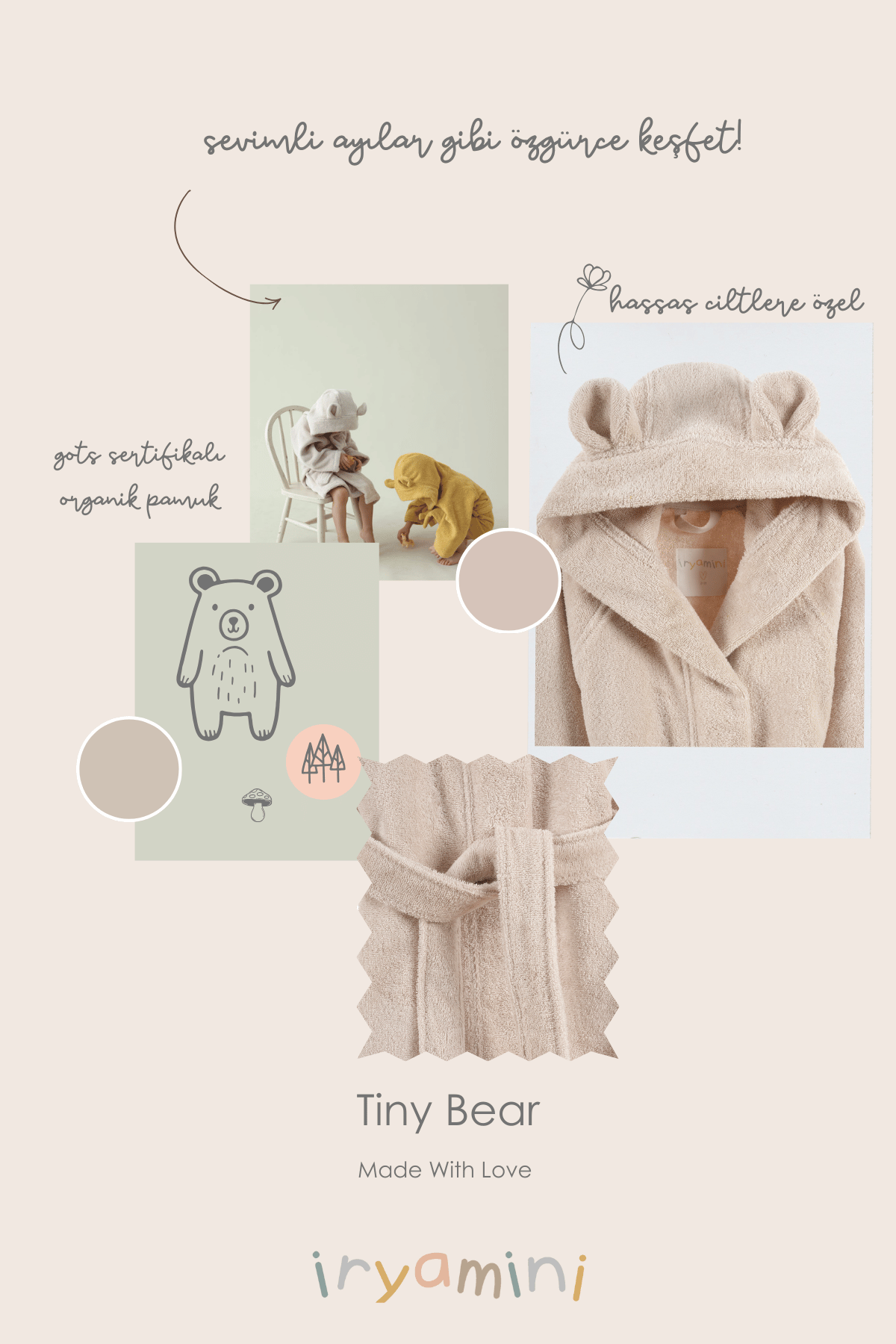 İRYA-Tiny Bear Organik Pamuk Çocuk Bornoz Bej-Bornoz-6-Milagron.com