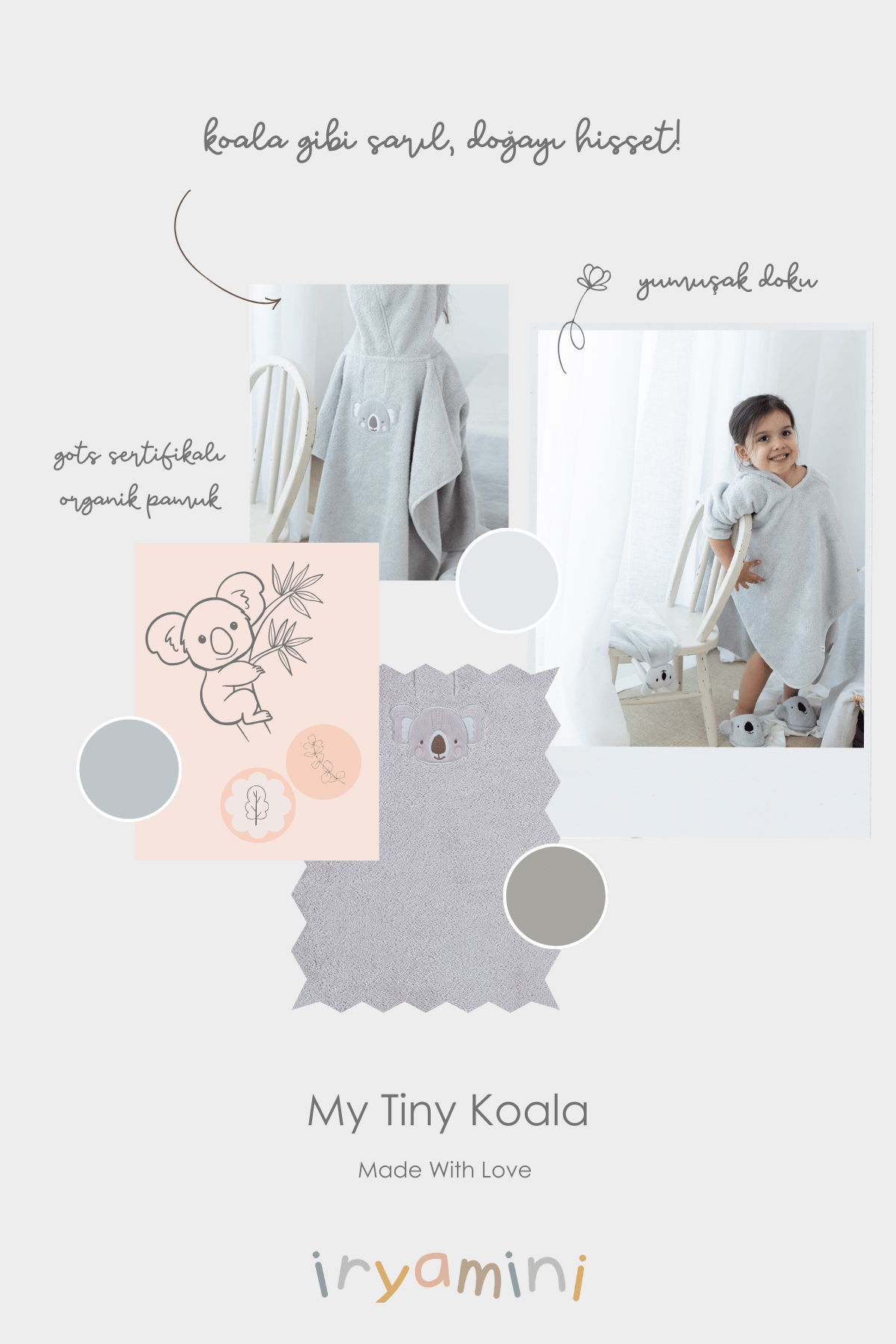 İRYA-Tiny Koala Organik Pamuk Nakışlı Çocuk Panço Gri-Panço-4-Milagron.com