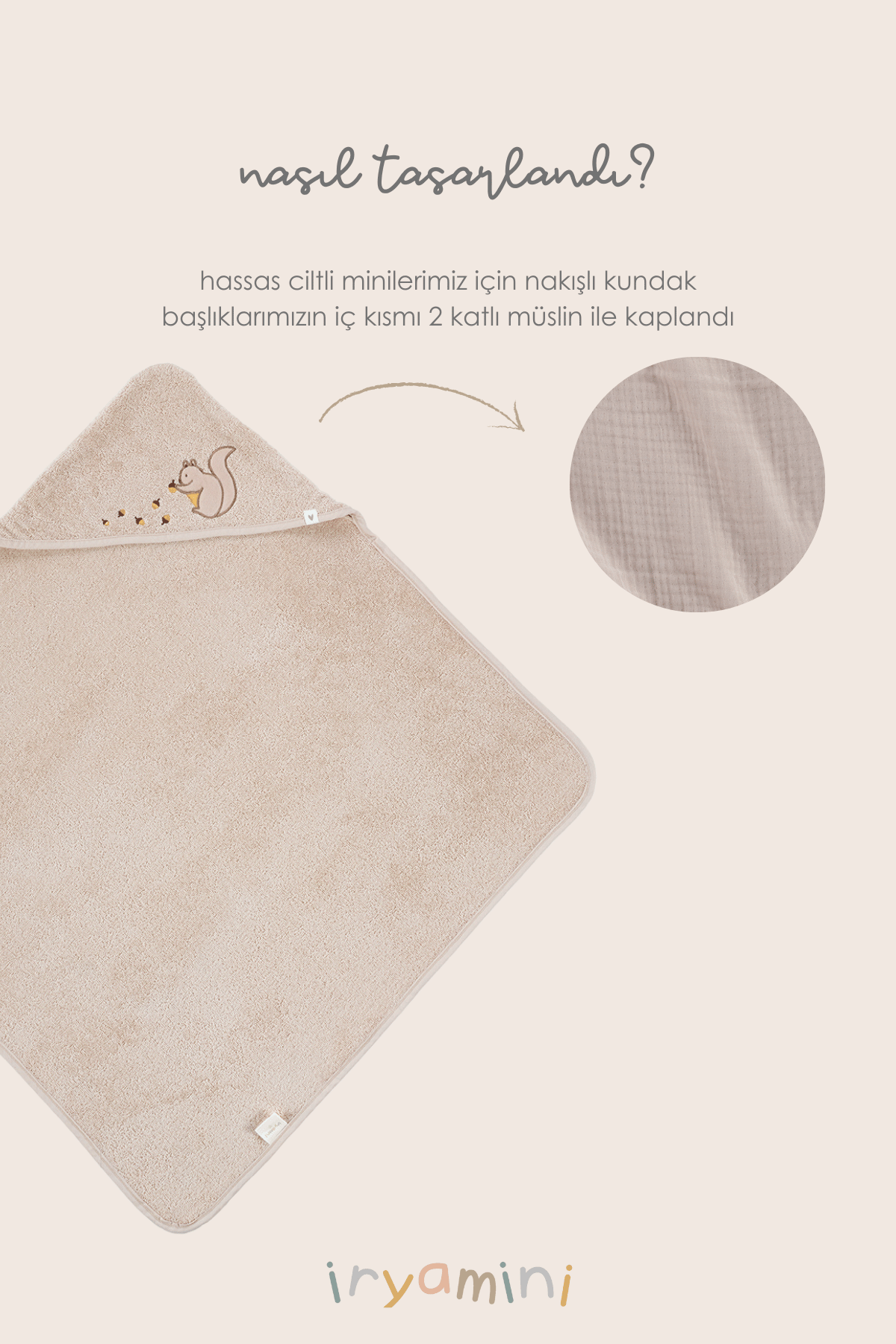 İRYA-Tiny Squirrel Organik Pamuk Nakışlı Bebek Kundak Bej 75X75-Kundak-6-Milagron.com