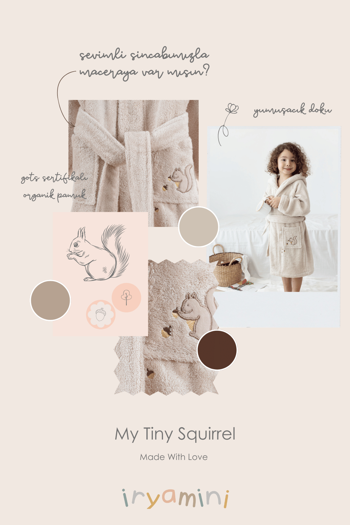 İRYA-Tiny Squirrel Organik Pamuk Nakışlı Çocuk Bornoz Bej-Bornoz-5-Milagron.com