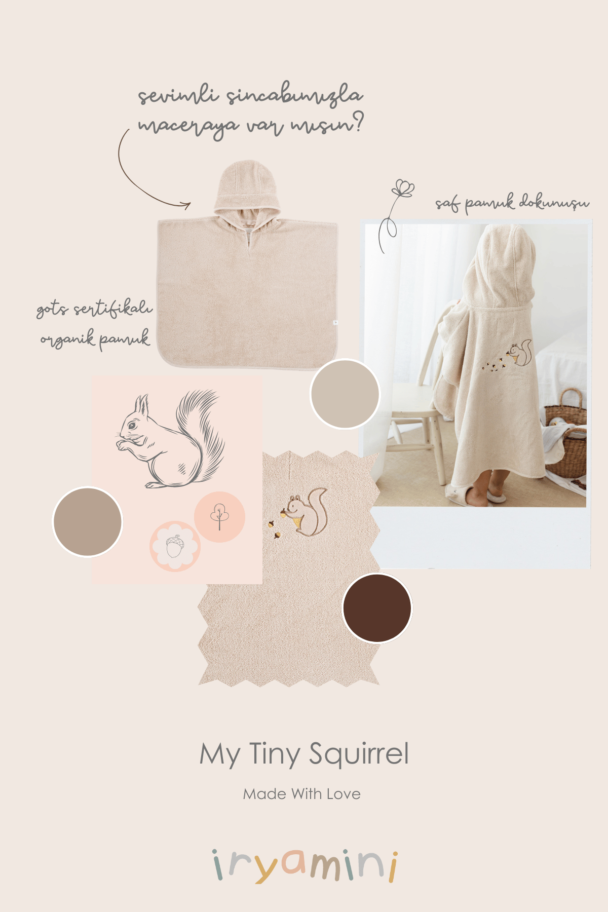 İRYA-Tiny Squirrel Organik Pamuk Nakışlı Çocuk Panço Bej-Panço-4-Milagron.com