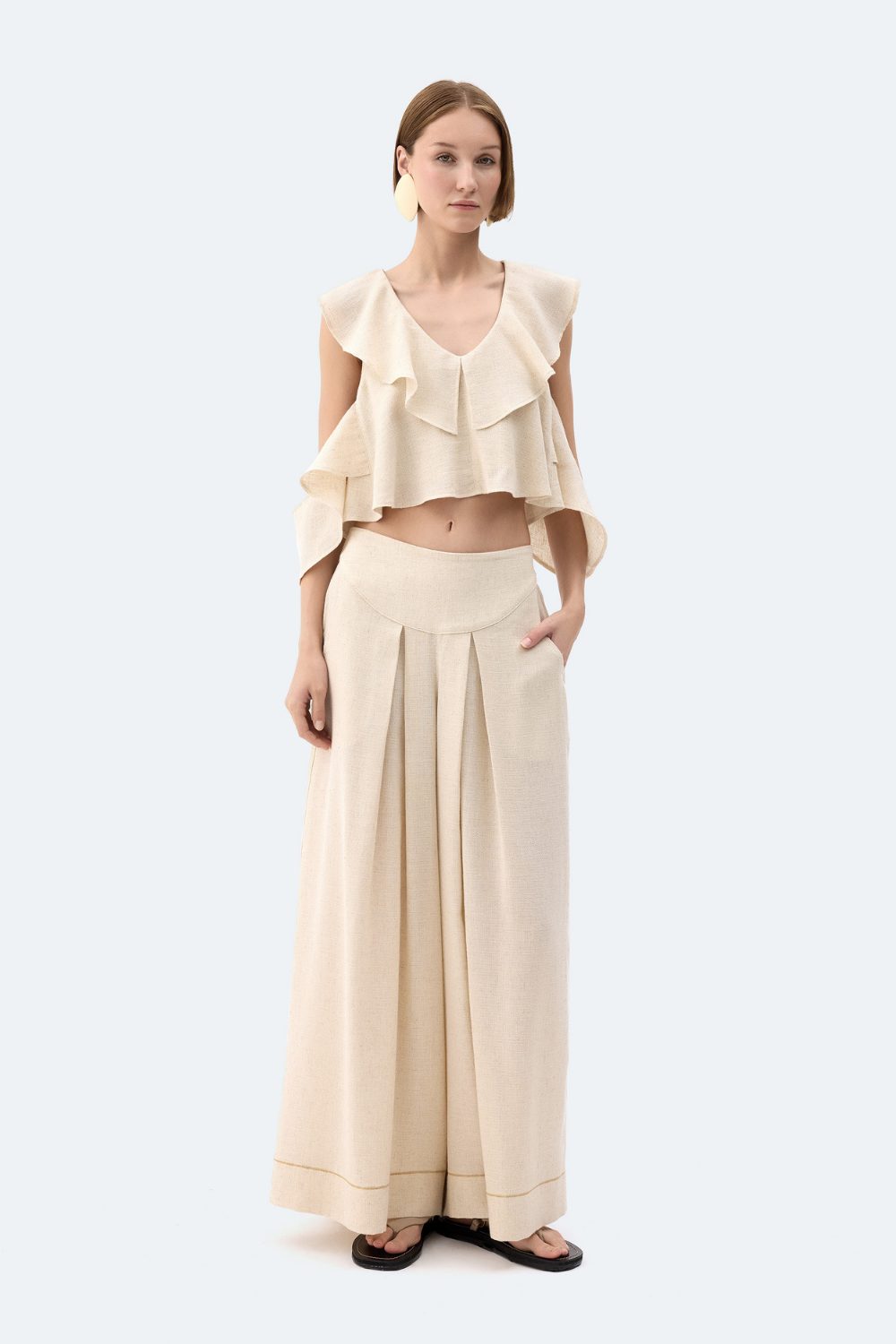 Natürel Keten Palazzo Pantolon - 0